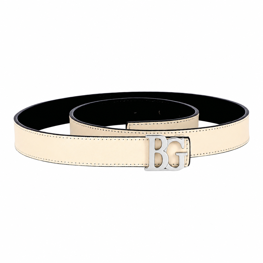 Initiales-Style Reversible Beige/Black Leather Belt, 25 mm