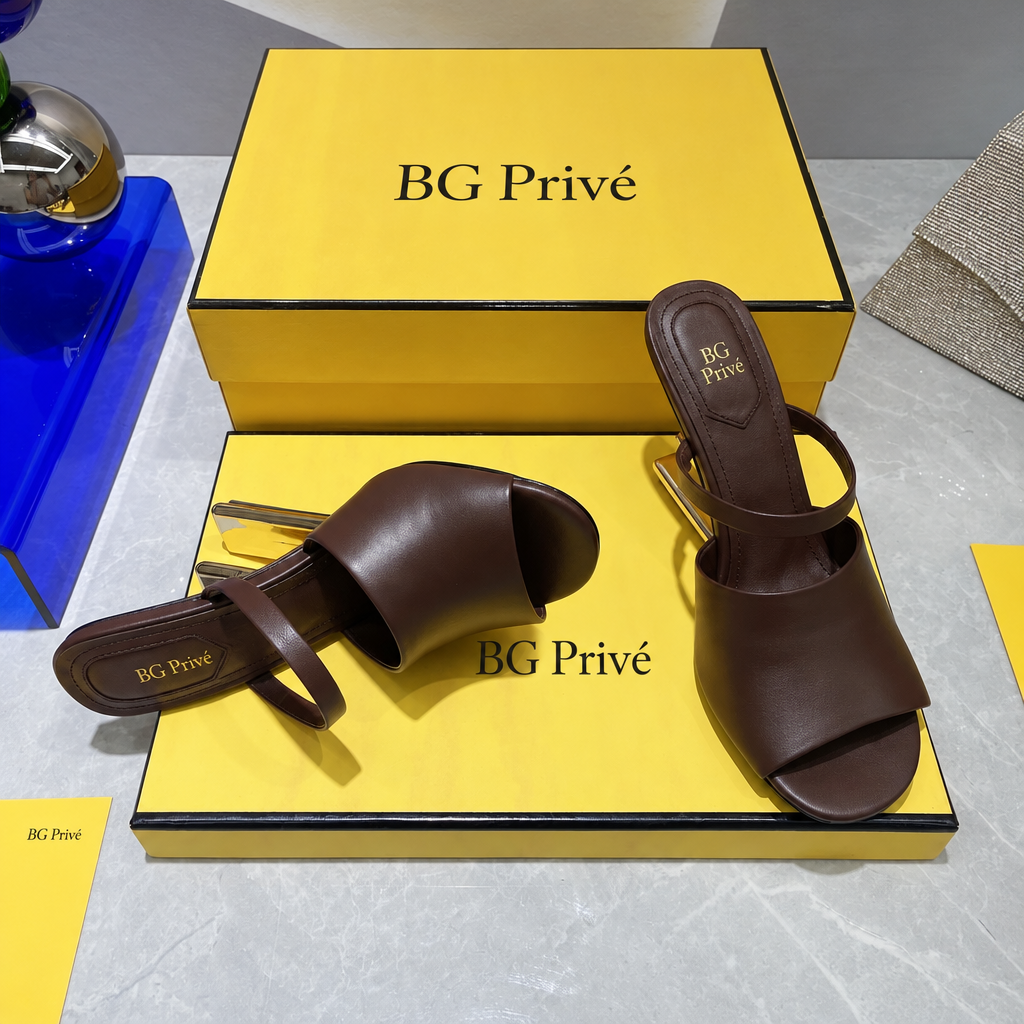 First 95 mm Brown Leather High-Heeled Slide Sandals