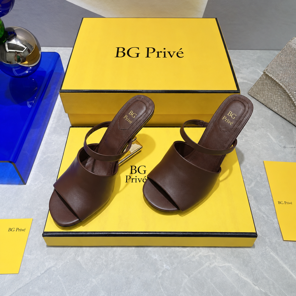 First 95 mm Brown Leather High-Heeled Slide Sandals