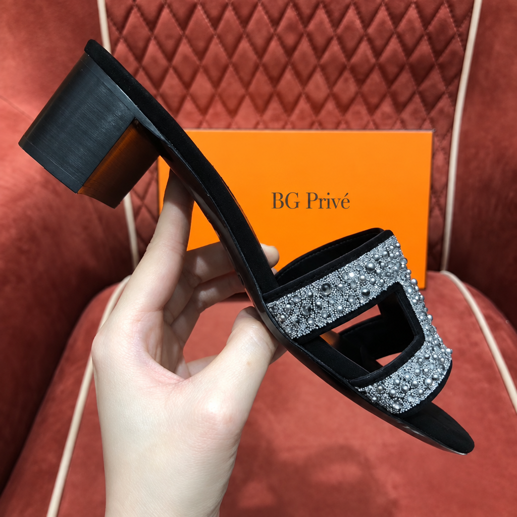 Oasis Black Embellished Heeled Slide Sandal