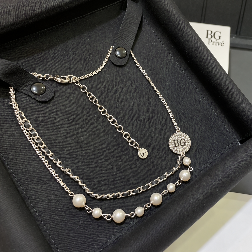 Necklace with Faux Pearls, Crystal and Black-Threaded Double Strands