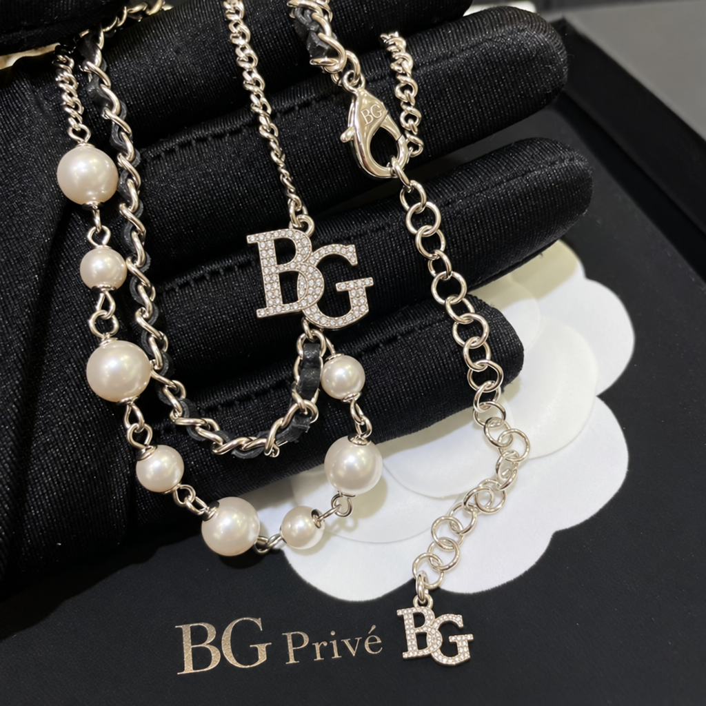 Necklace with Faux Pearls, Crystal and Black-Threaded Double Strands
