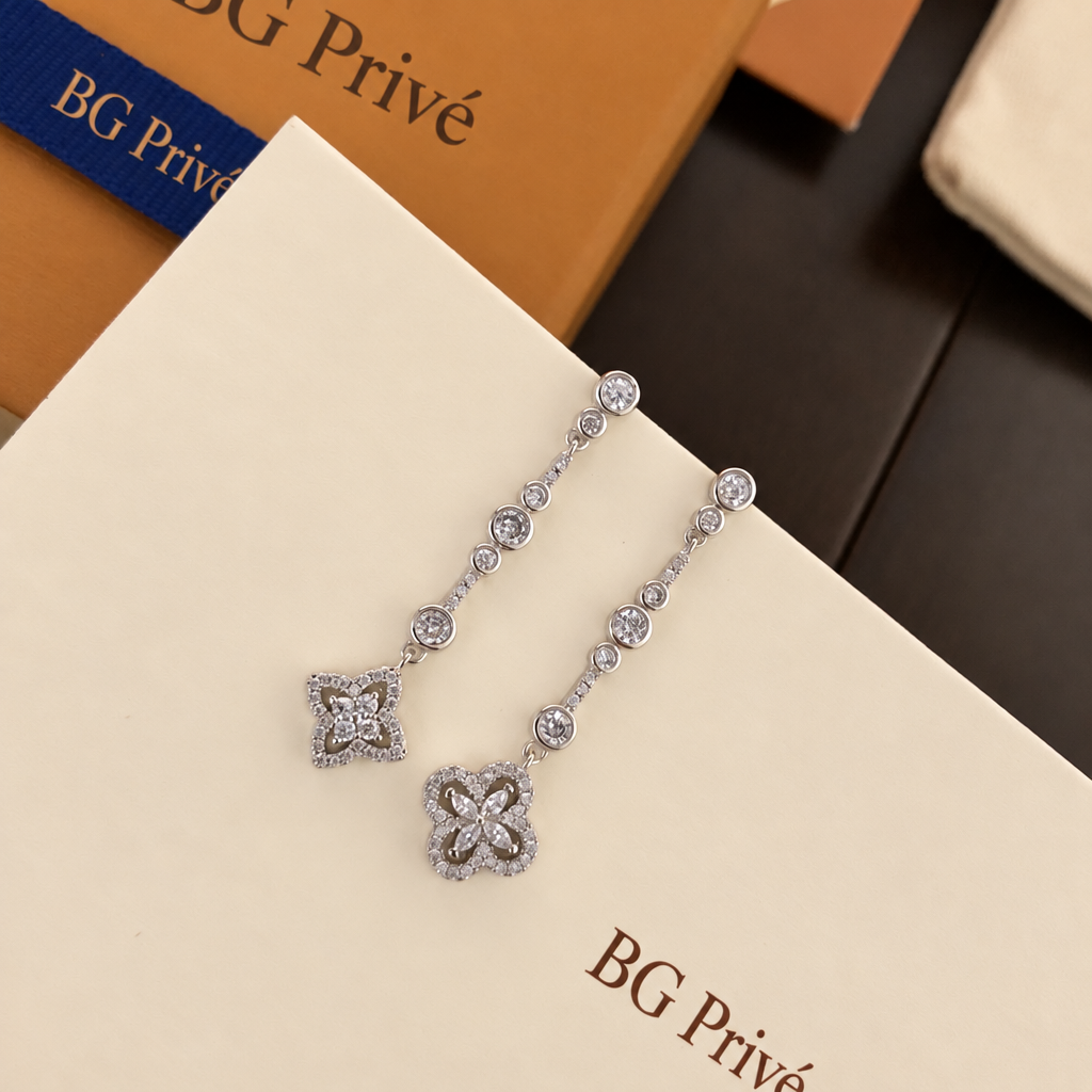 Monogram Flower Asymmetrical Long Drop Earrings