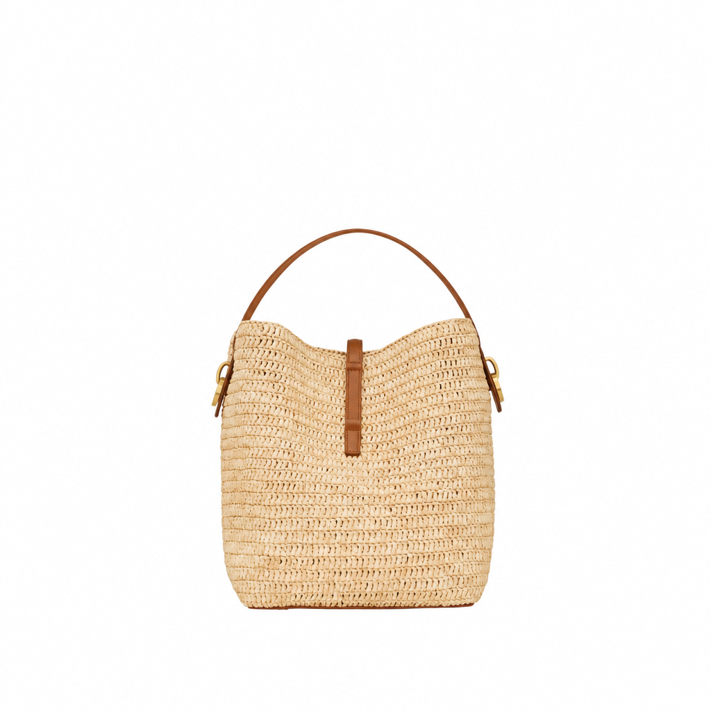 Le 37 Woven Raffia Bucket Bag in Naturel and Brick