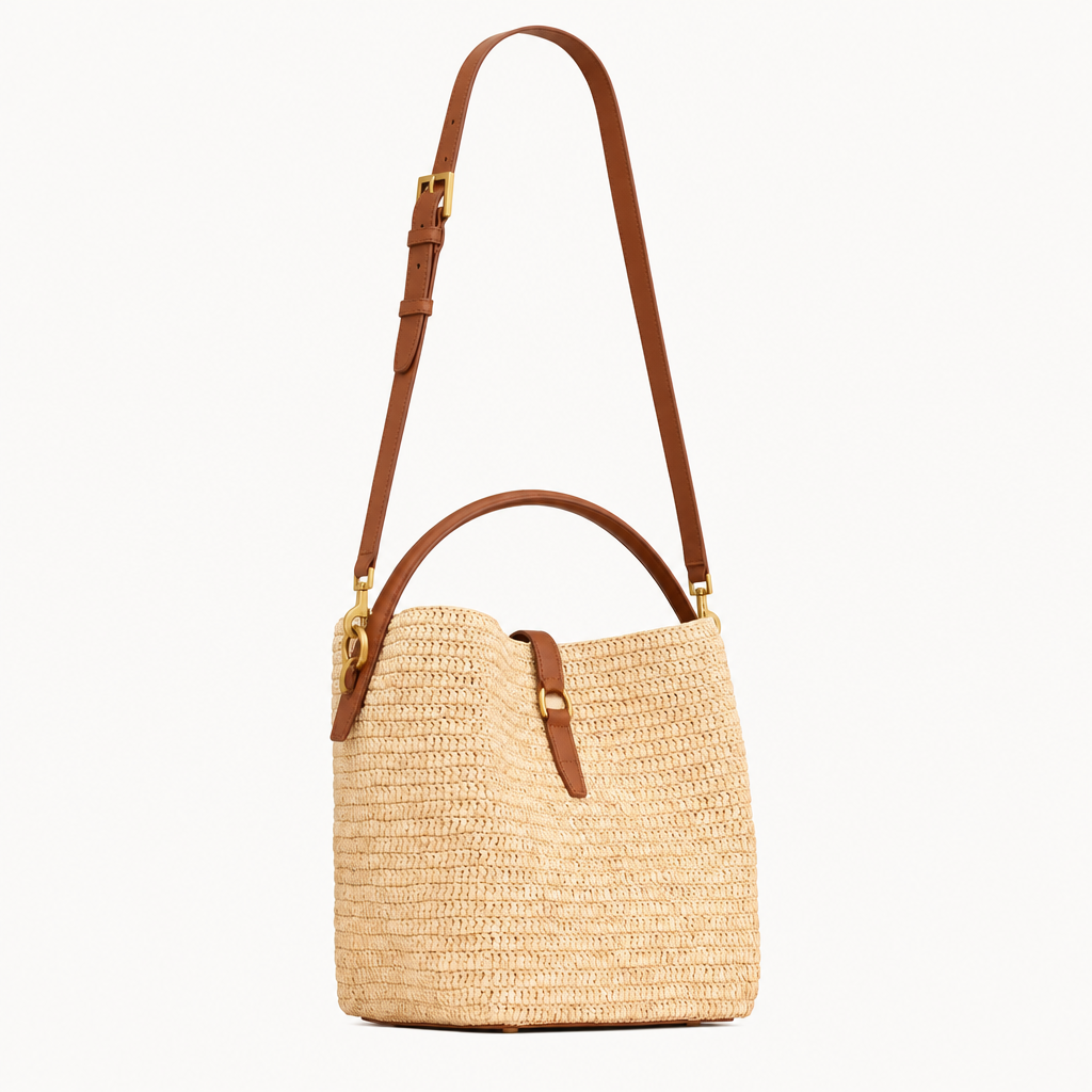 Le 37 Woven Raffia Bucket Bag in Naturel and Brick
