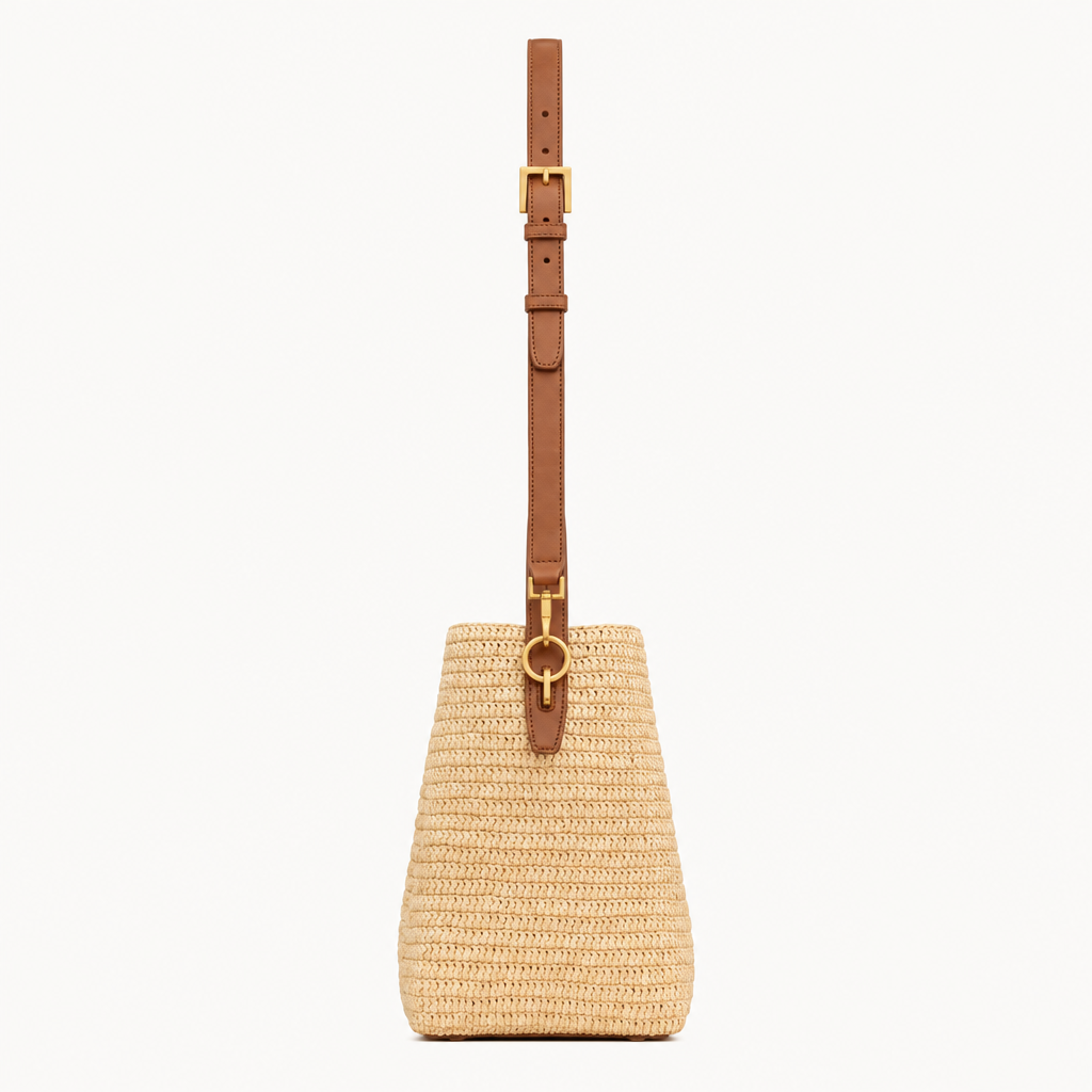 Le 37 Woven Raffia Bucket Bag in Naturel and Brick
