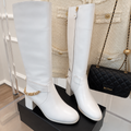 Knee-High Boots in White Leather with Chain Detail