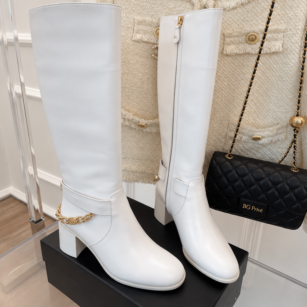 Knee-High Boots in White Leather with Chain Detail