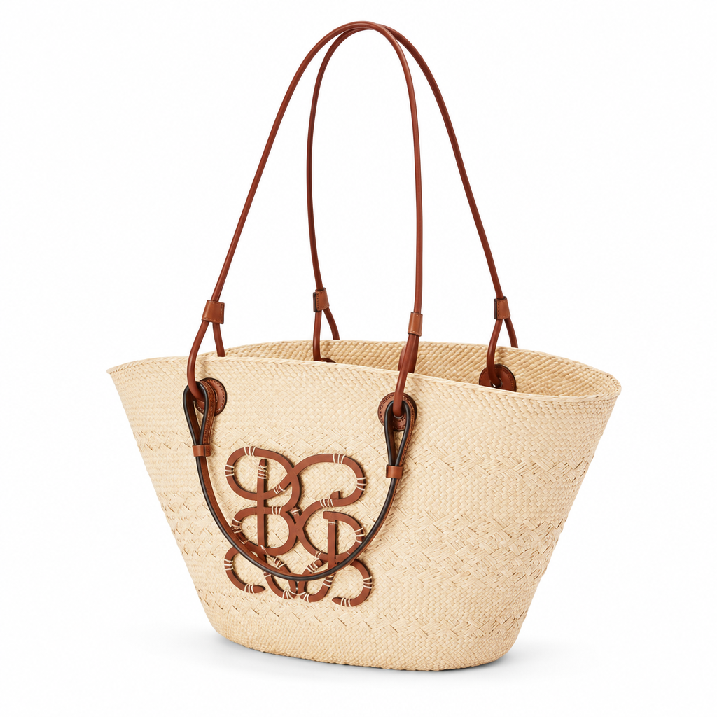 Anagram Basket Bag Medium in Iraca Palm and Calfskin