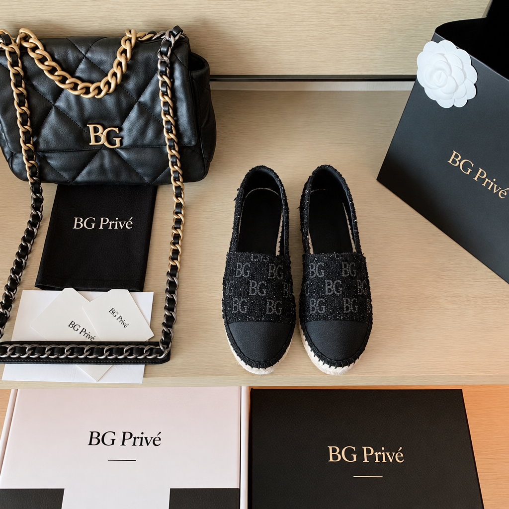 Tweed Espadrilles with Interlocking Logo – Black Sequin Cap-Toe Flats