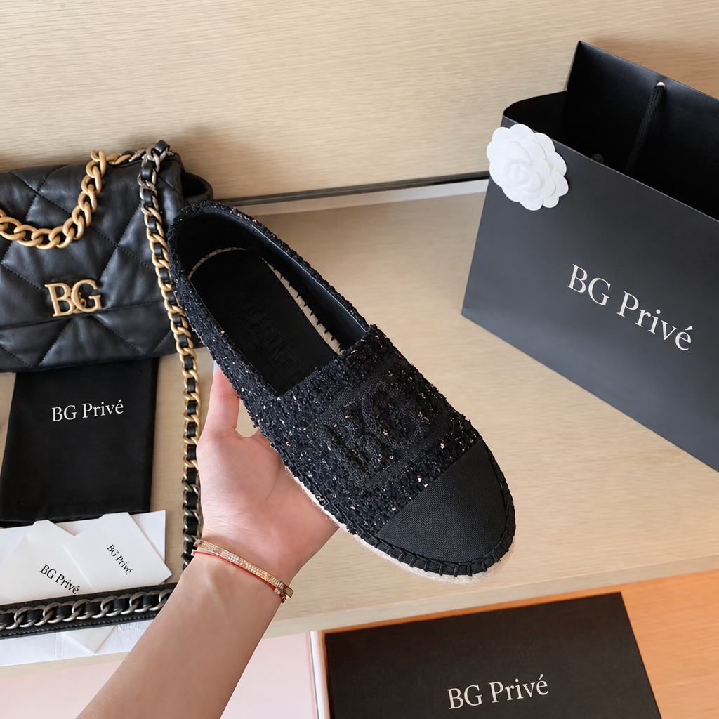Tweed Espadrilles with Interlocking Logo – Black Sequin Cap-Toe Flats