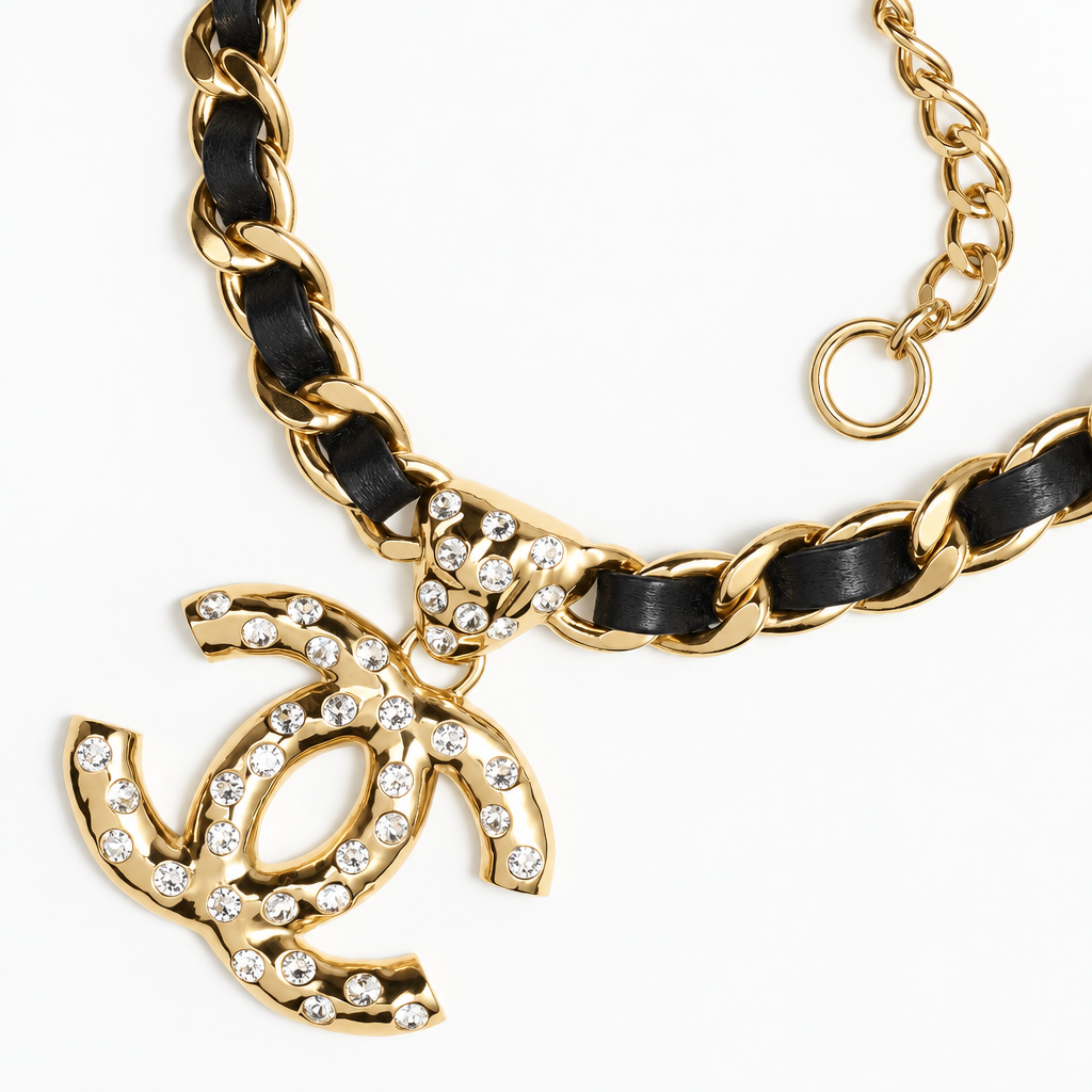 Necklace in Metal, Lambskin and Strass