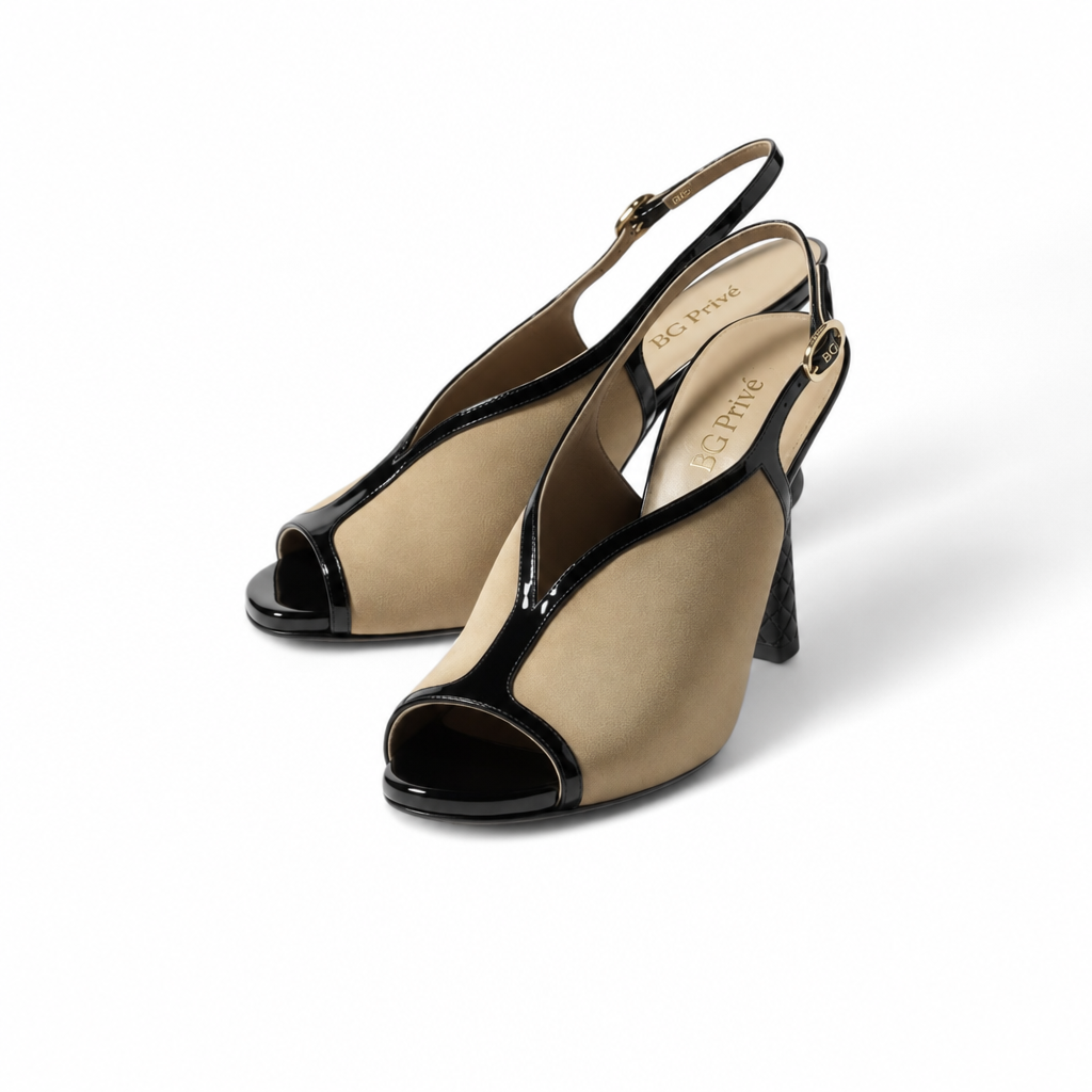Slingback Heels Black/Beige Quilted Peep-Toe Sandals