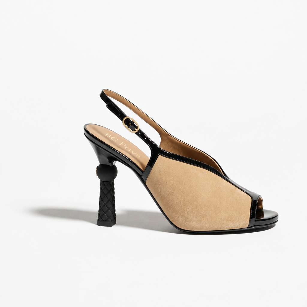 Slingback Heels Black/Beige Quilted Peep-Toe Sandals