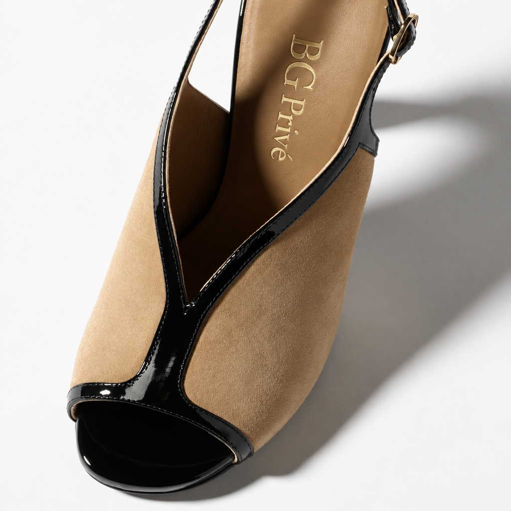 Slingback Heels Black/Beige Quilted Peep-Toe Sandals
