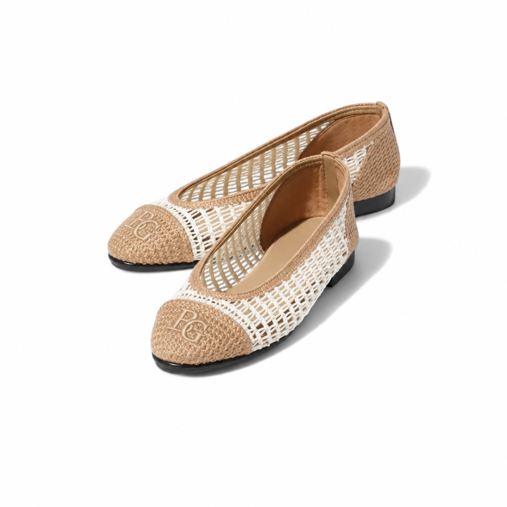 Women's Raffia Ballet Flats in White &amp; Beige