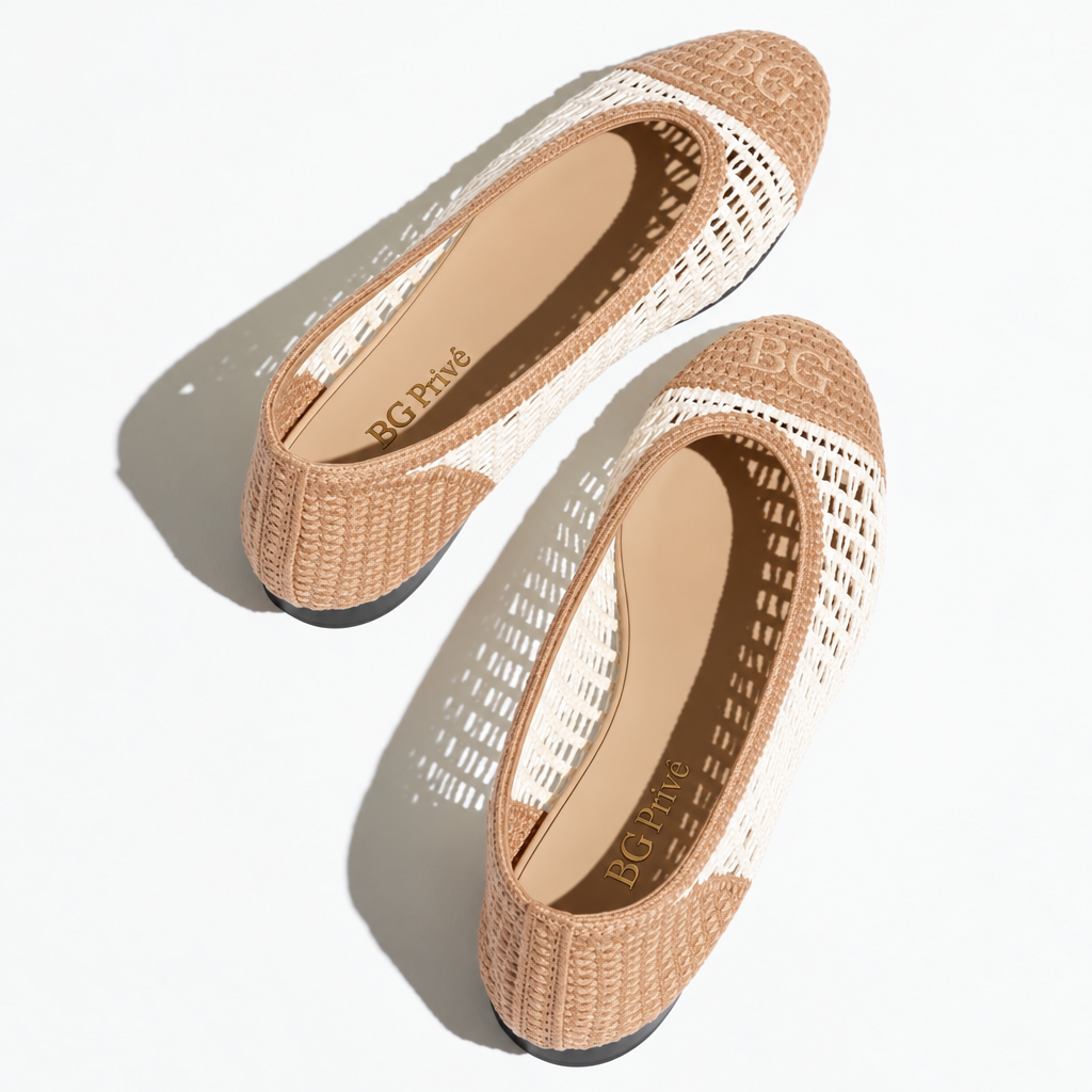 Women's Raffia Ballet Flats in White &amp; Beige
