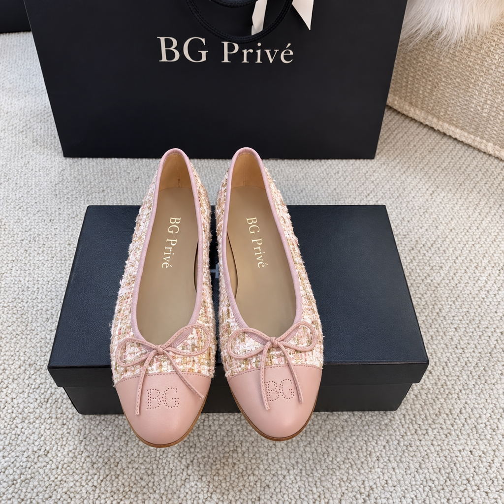 Pink Tweed Cap-Toe Ballerina Flats