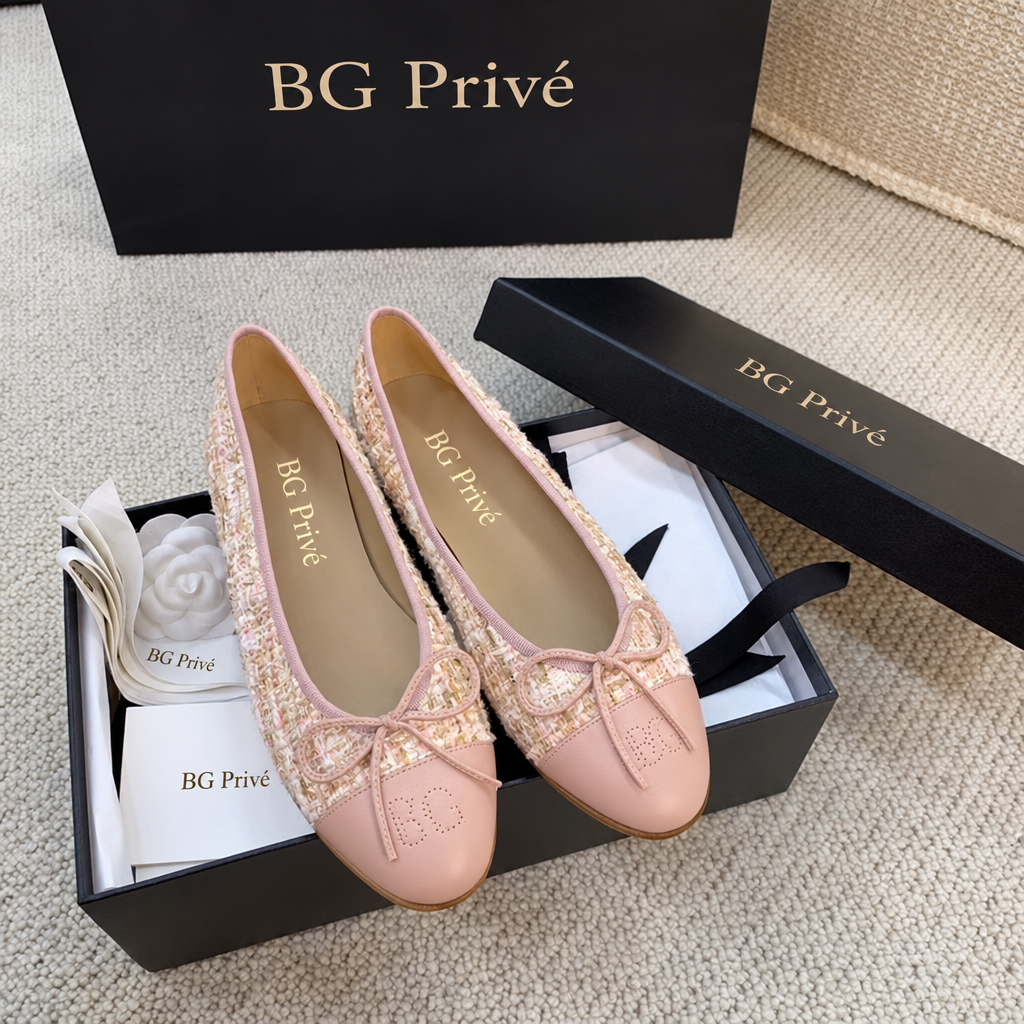Pink Tweed Cap-Toe Ballerina Flats