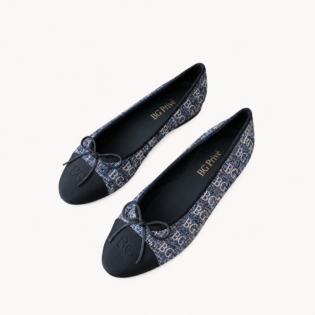 Two-Tone Blue Tweed and Black Grosgrain Cap-Toe Ballet Flats