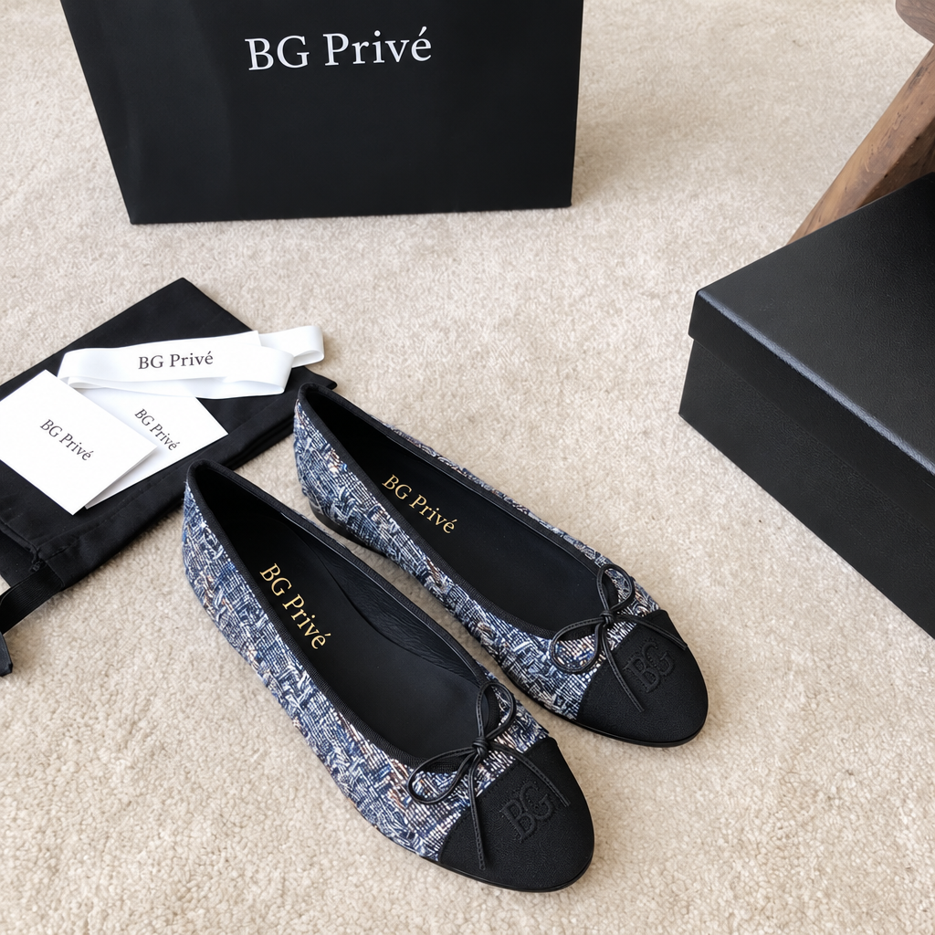 Two-Tone Blue Tweed and Black Grosgrain Cap-Toe Ballet Flats