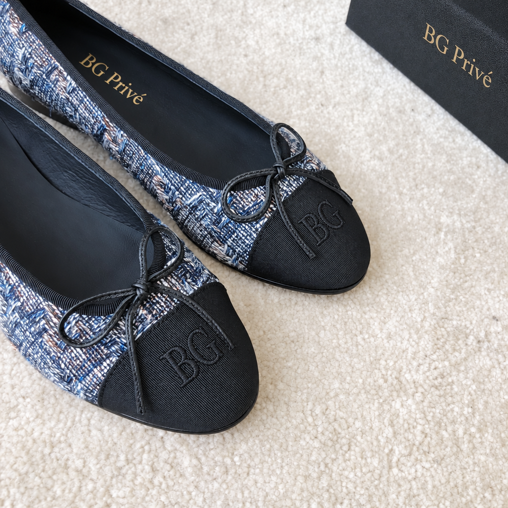 Two-Tone Blue Tweed and Black Grosgrain Cap-Toe Ballet Flats