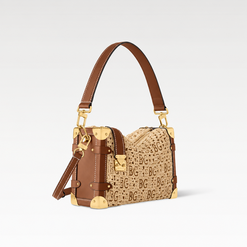 Side Trunk MM Raffia Bag in Natural/Brown