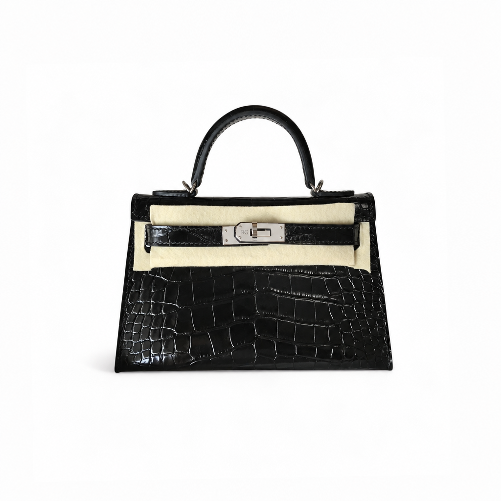Mini Kelly 20 II Sellier Bag in Black Crocodilian-Scale Leather