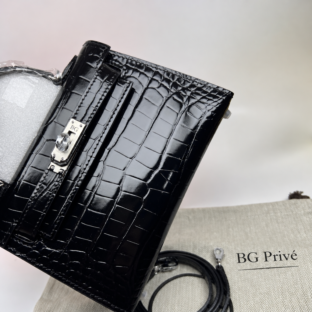Mini Kelly 20 II Sellier Bag in Black Crocodilian-Scale Leather