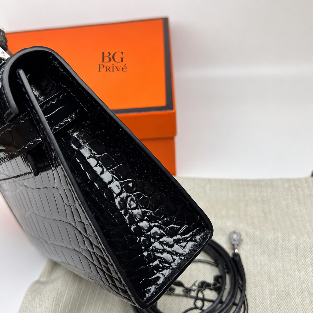 Mini Kelly 20 II Sellier Bag in Black Crocodilian-Scale Leather