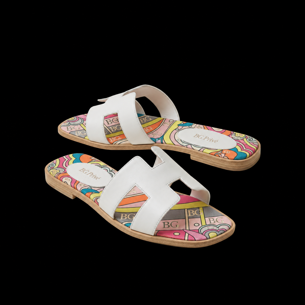 Oran Sandal in White Leather with Multicolor Printed Insole