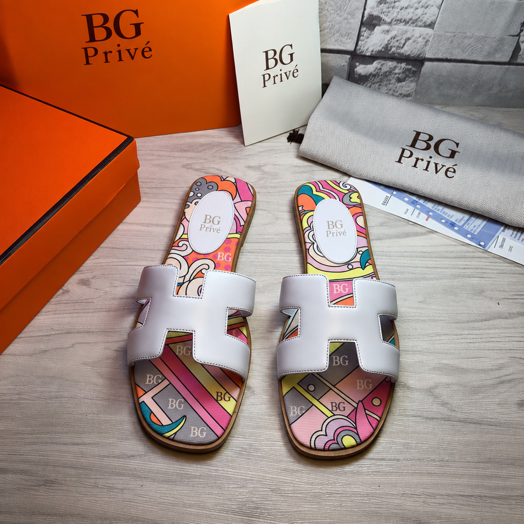 Oran Sandal in White Leather with Multicolor Printed Insole