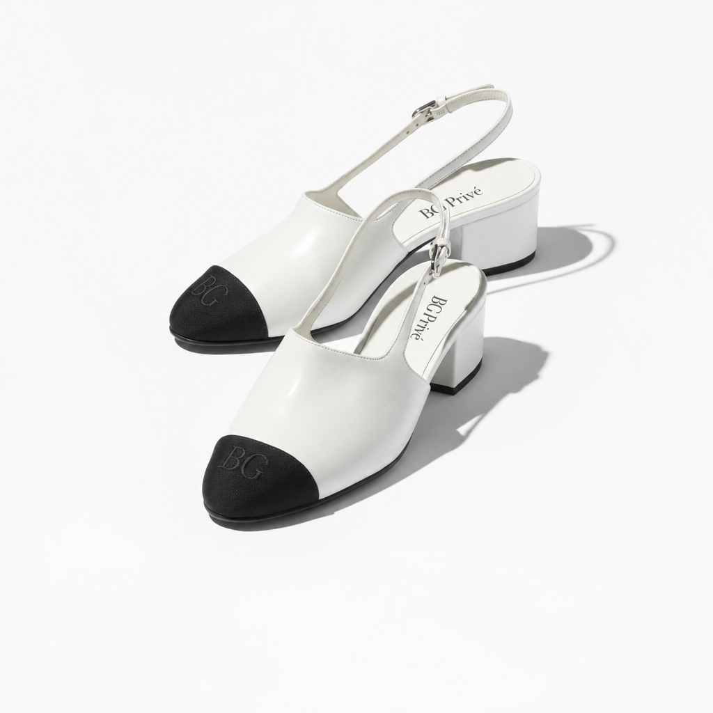 Cap Toe Pumps White &amp; Black Interlocking Slingbacks