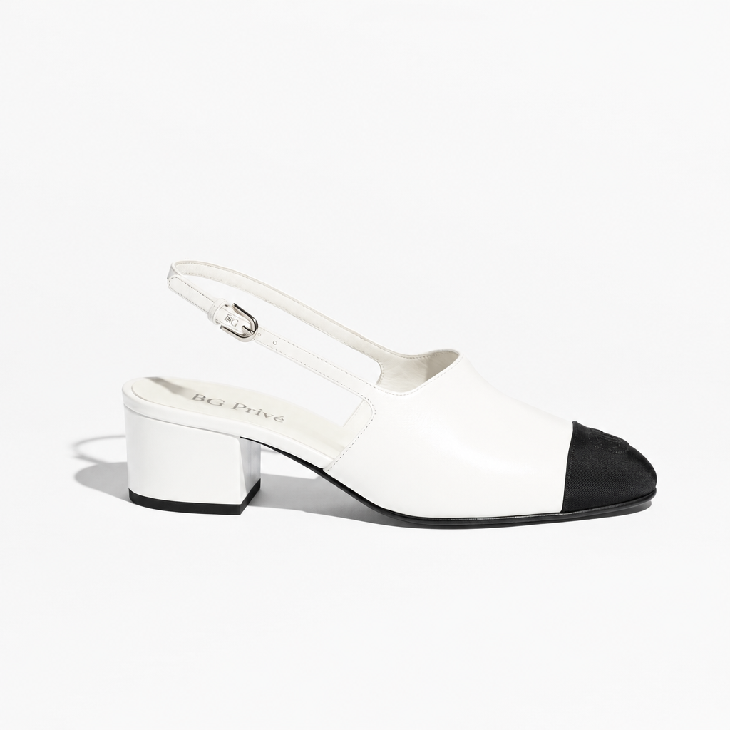 Cap Toe Pumps White &amp; Black Interlocking Slingbacks