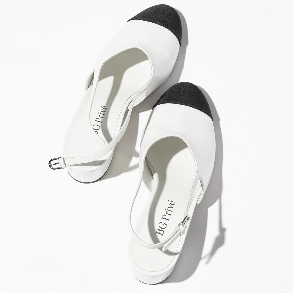 Cap Toe Pumps White &amp; Black Interlocking Slingbacks