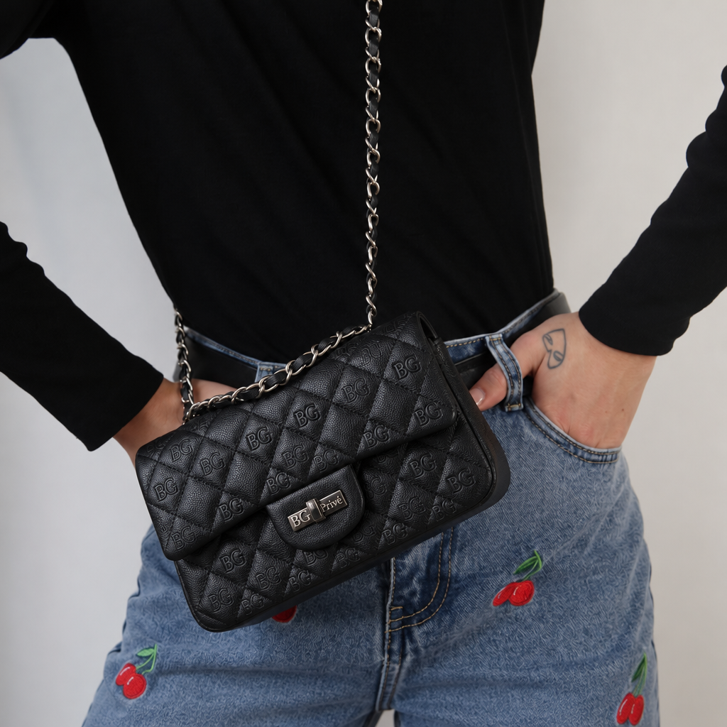 Small Classic Handbag in Black Grained Calfskin with Silver Hardware