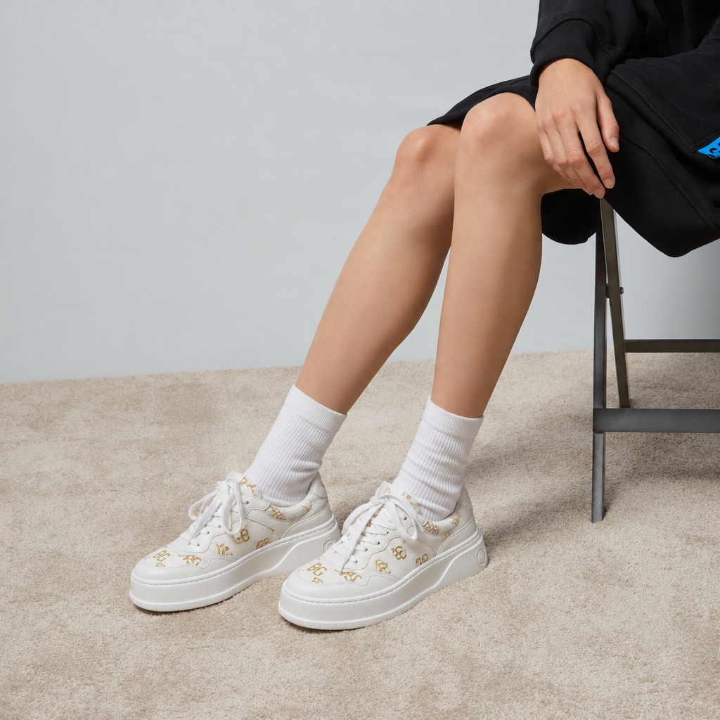 Platform White and Gold Lamé Low-Top Platform Sneakers