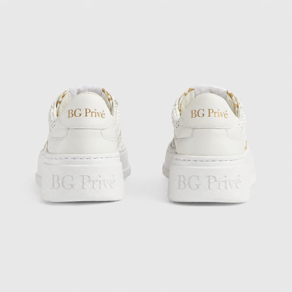 Platform White and Gold Lamé Low-Top Platform Sneakers