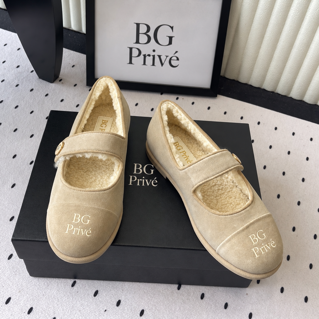 Shearling Mary Janes in Beige Suede