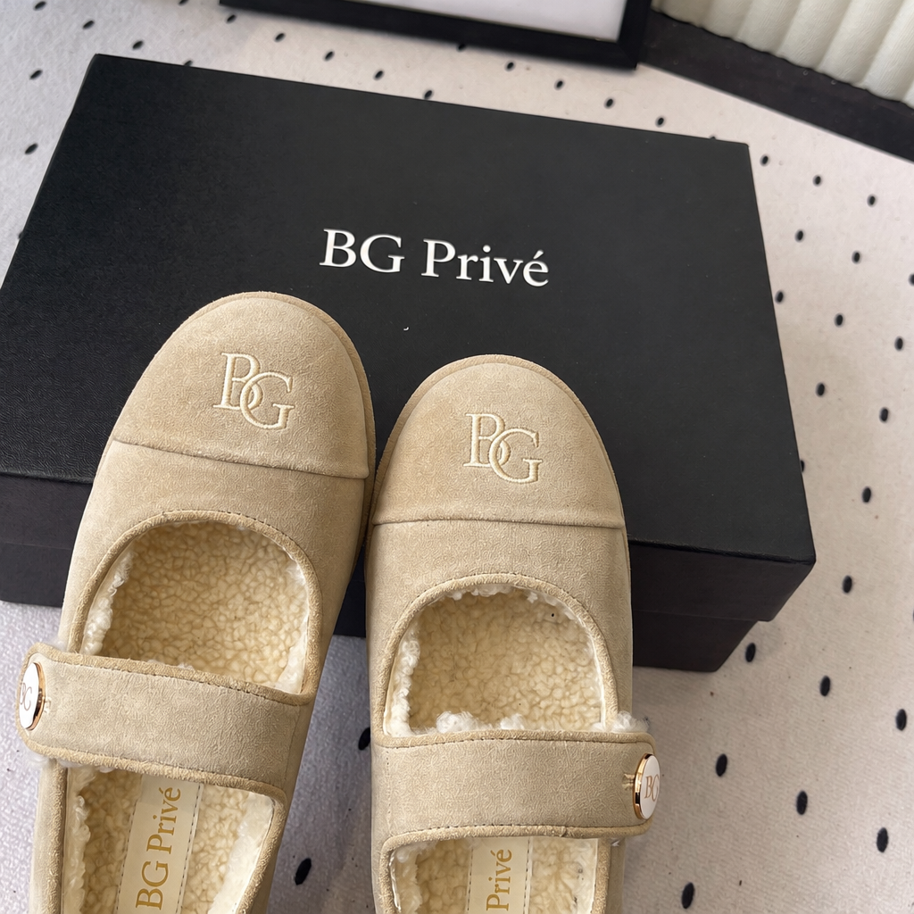 Shearling Mary Janes in Beige Suede