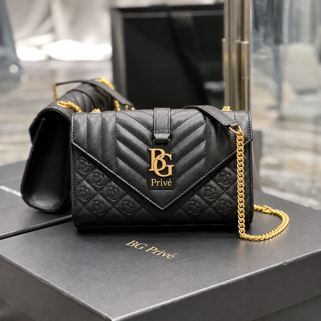 Envelope Small Bag in Black Quilted Grain de Poudre Leather