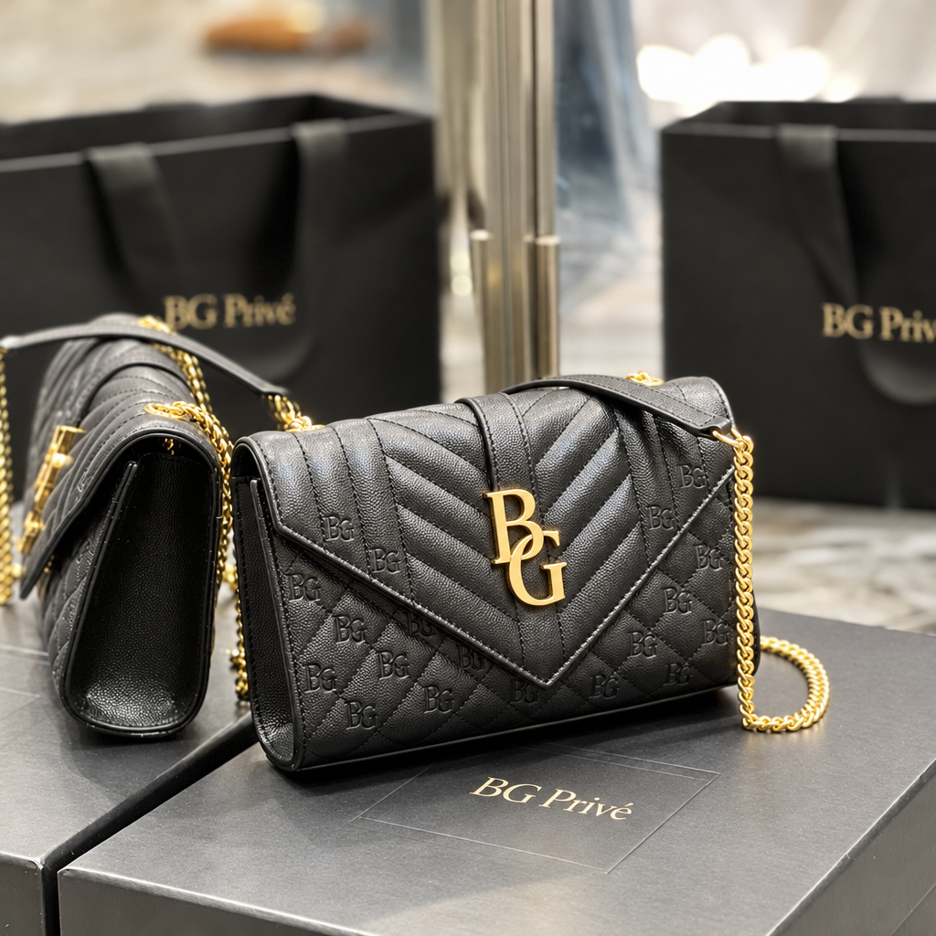 Envelope Small Bag in Black Quilted Grain de Poudre Leather