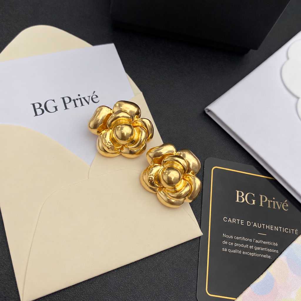Camellia Flower Stud Earrings in Gold-Tone Metal