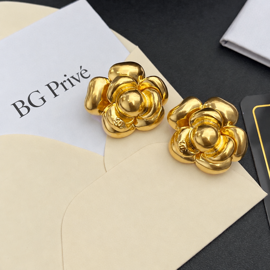 Camellia Flower Stud Earrings in Gold-Tone Metal