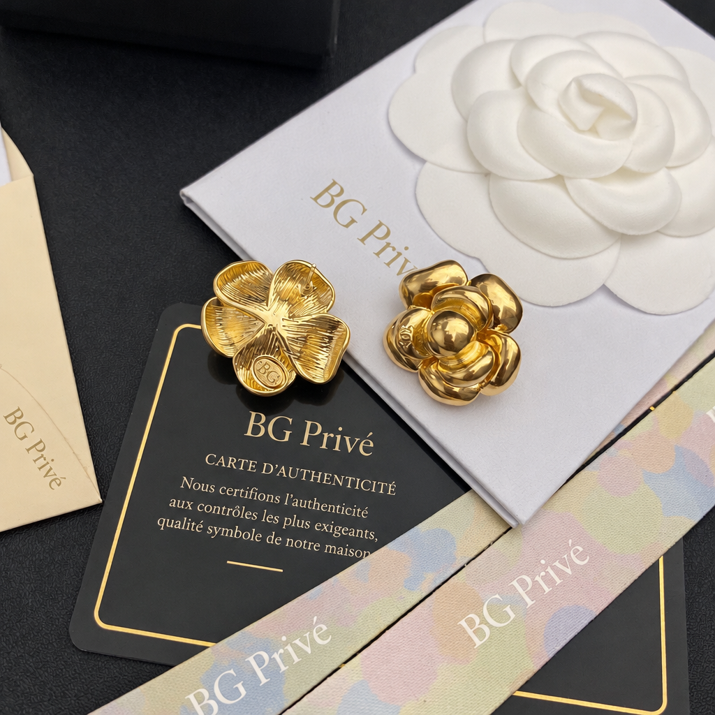 Camellia Flower Stud Earrings in Gold-Tone Metal
