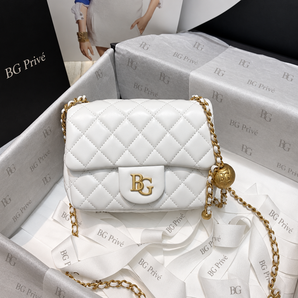 Pearl Crush Square Mini Flap Bag in White Lambskin