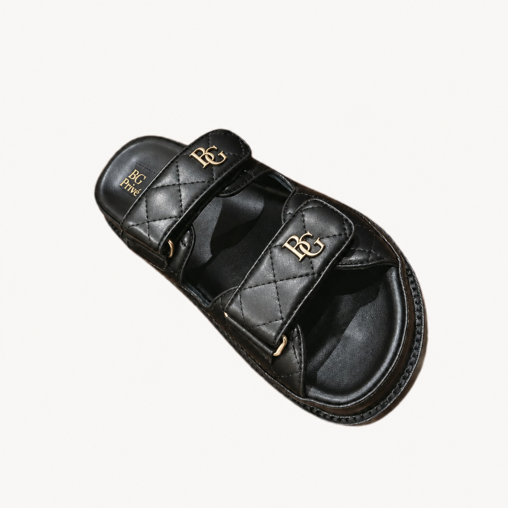 Black Quilted Dad Sandals with Chain Details