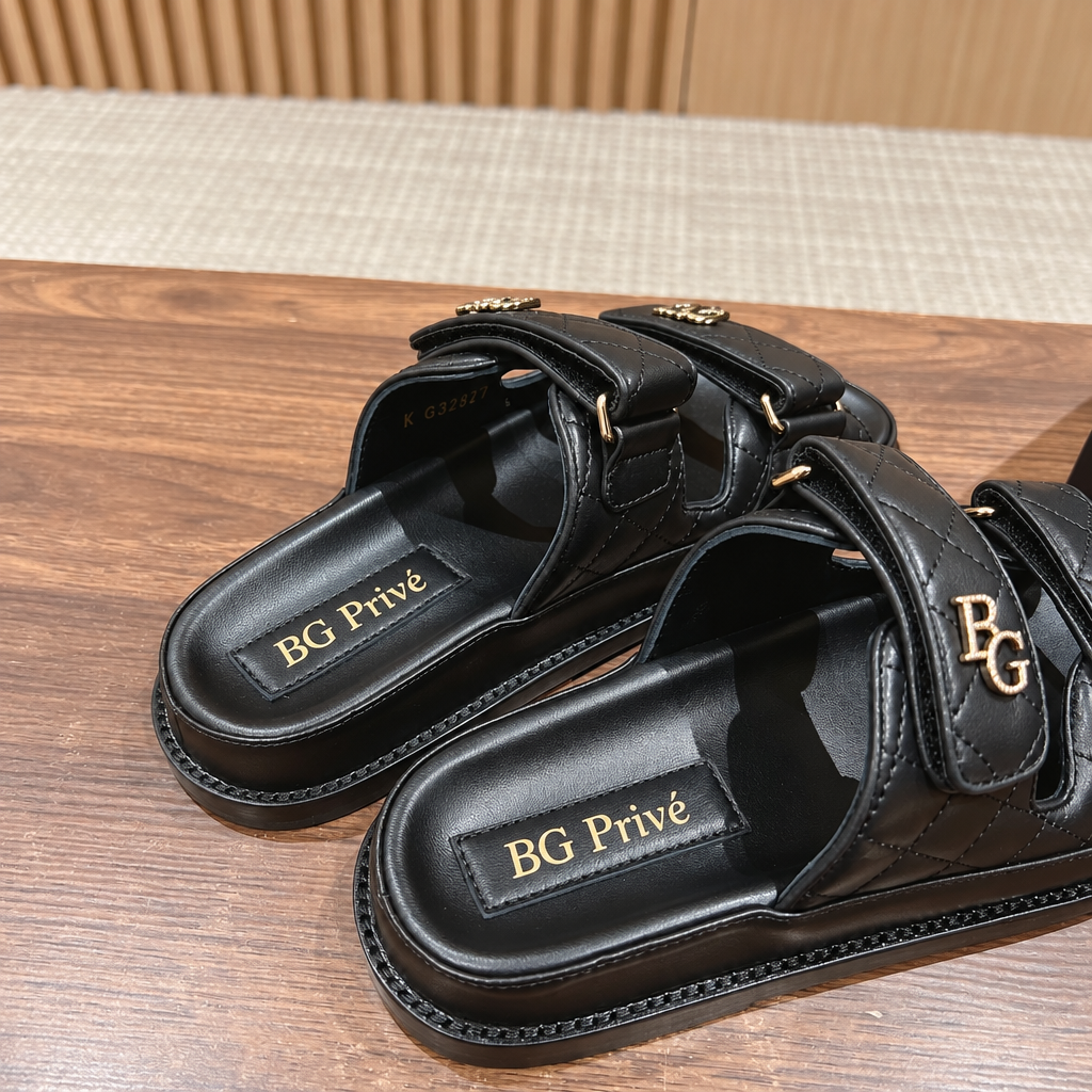 Black Quilted Dad Sandals with Chain Details