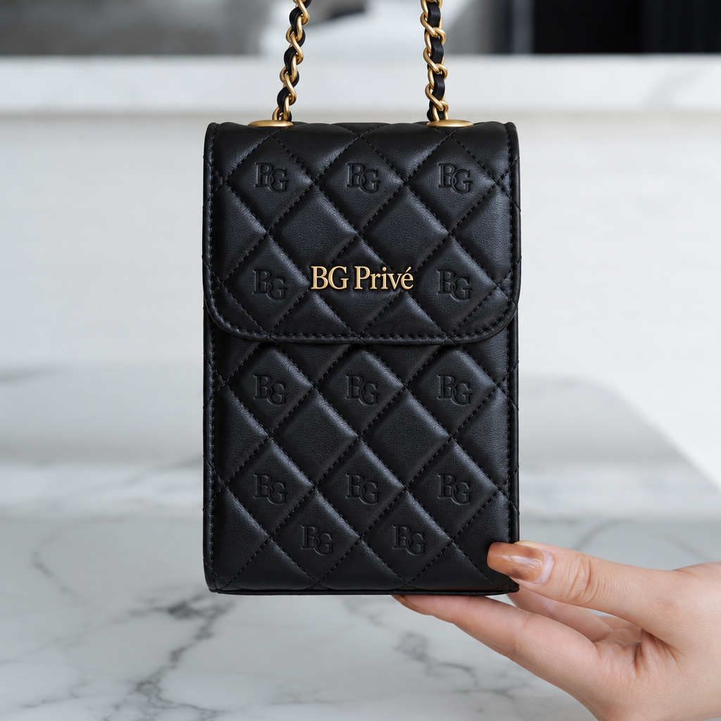 Lambskin Quilted Pearl Crush Phone Holder With Chain