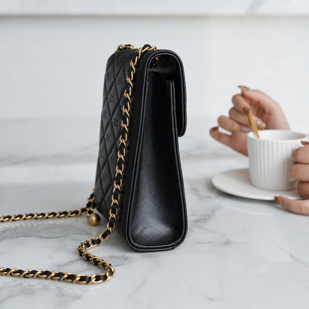 Lambskin Quilted Pearl Crush Phone Holder With Chain